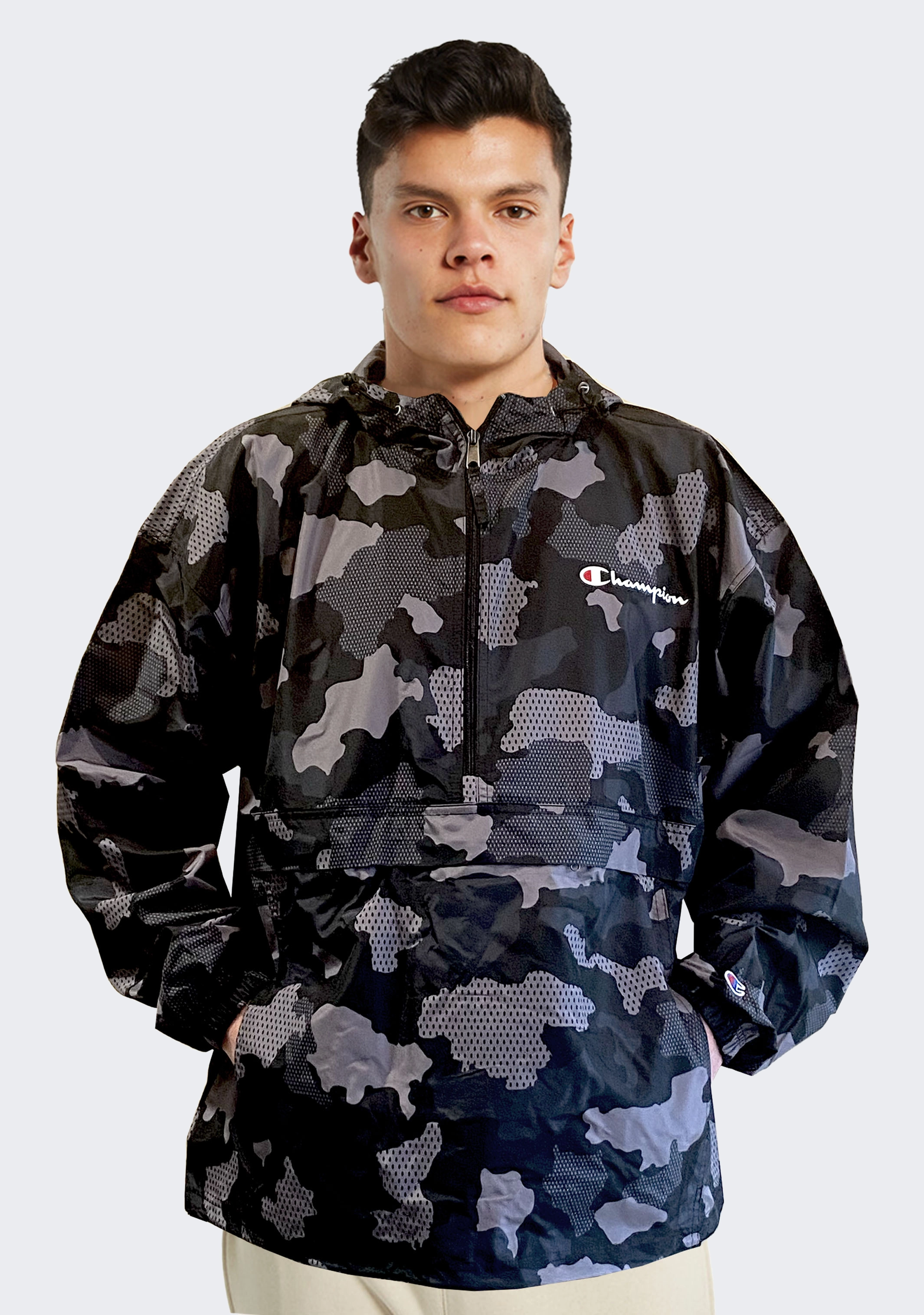 Champion Mens US Quarter Zip Grey Camo Packable Jacket