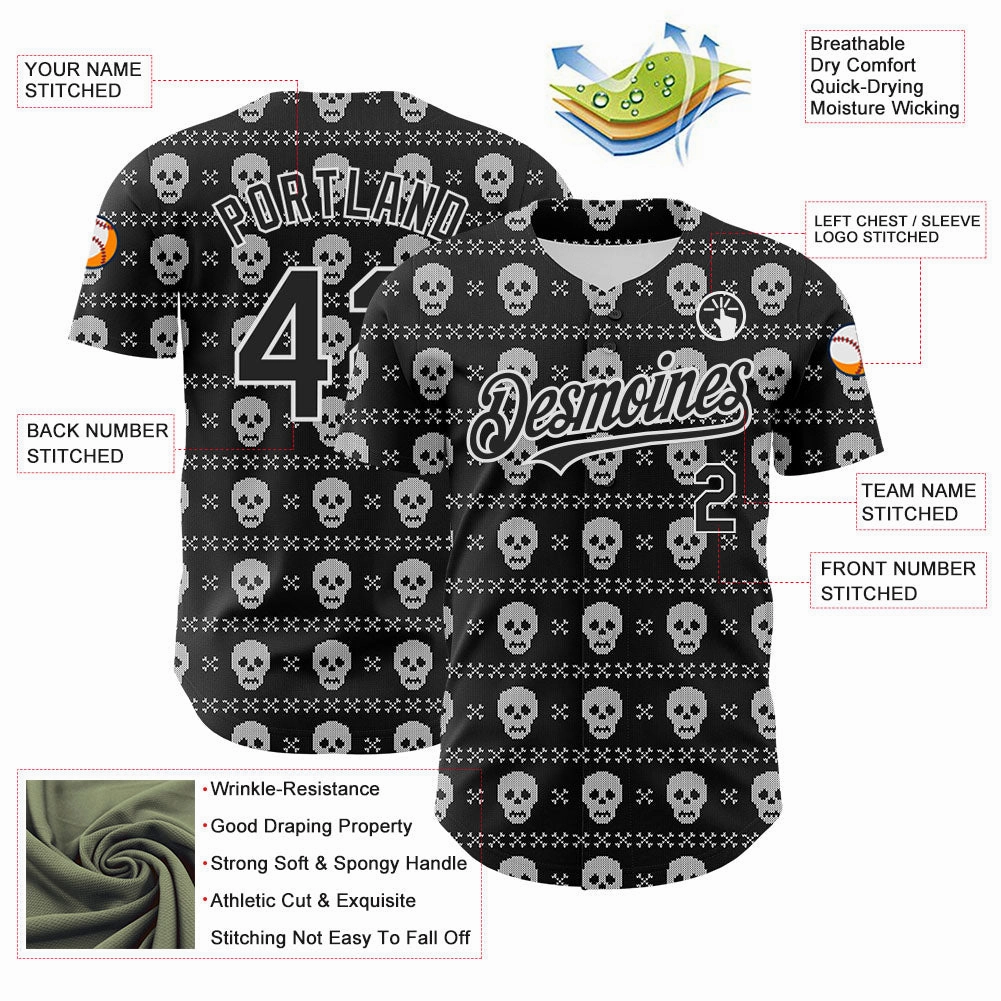 Custom Black White 3D Gothic Skull Authentic Baseball Jersey