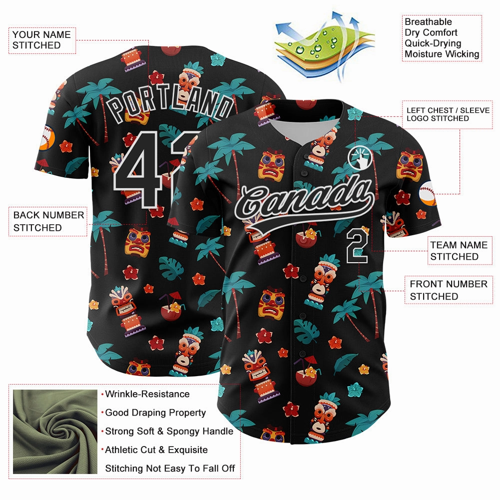 Custom Black White 3D Hawai Tropical Palm Tree Flower And Tiki Mask Authentic Baseball Jersey