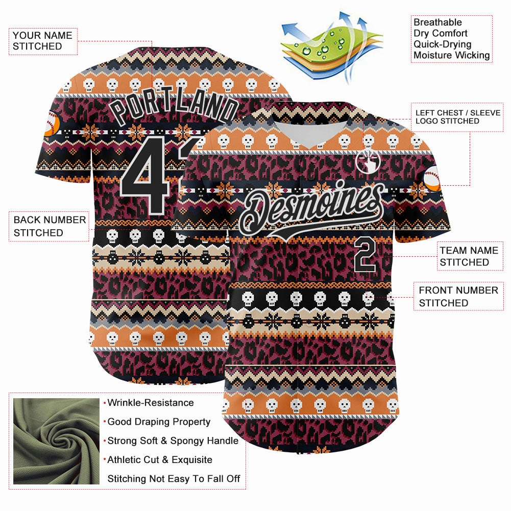 Custom Black White 3D Skull And Leopard Print Authentic Baseball Jersey