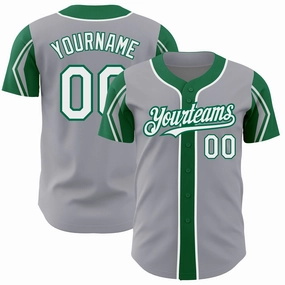 Custom Gray White-Kelly Green 3 Colors Arm Shapes Authentic Baseball Jersey