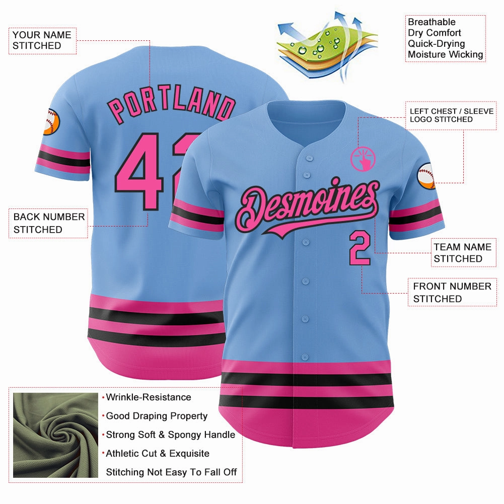 Custom Light Blue Pink-Black Line Authentic Baseball Jersey