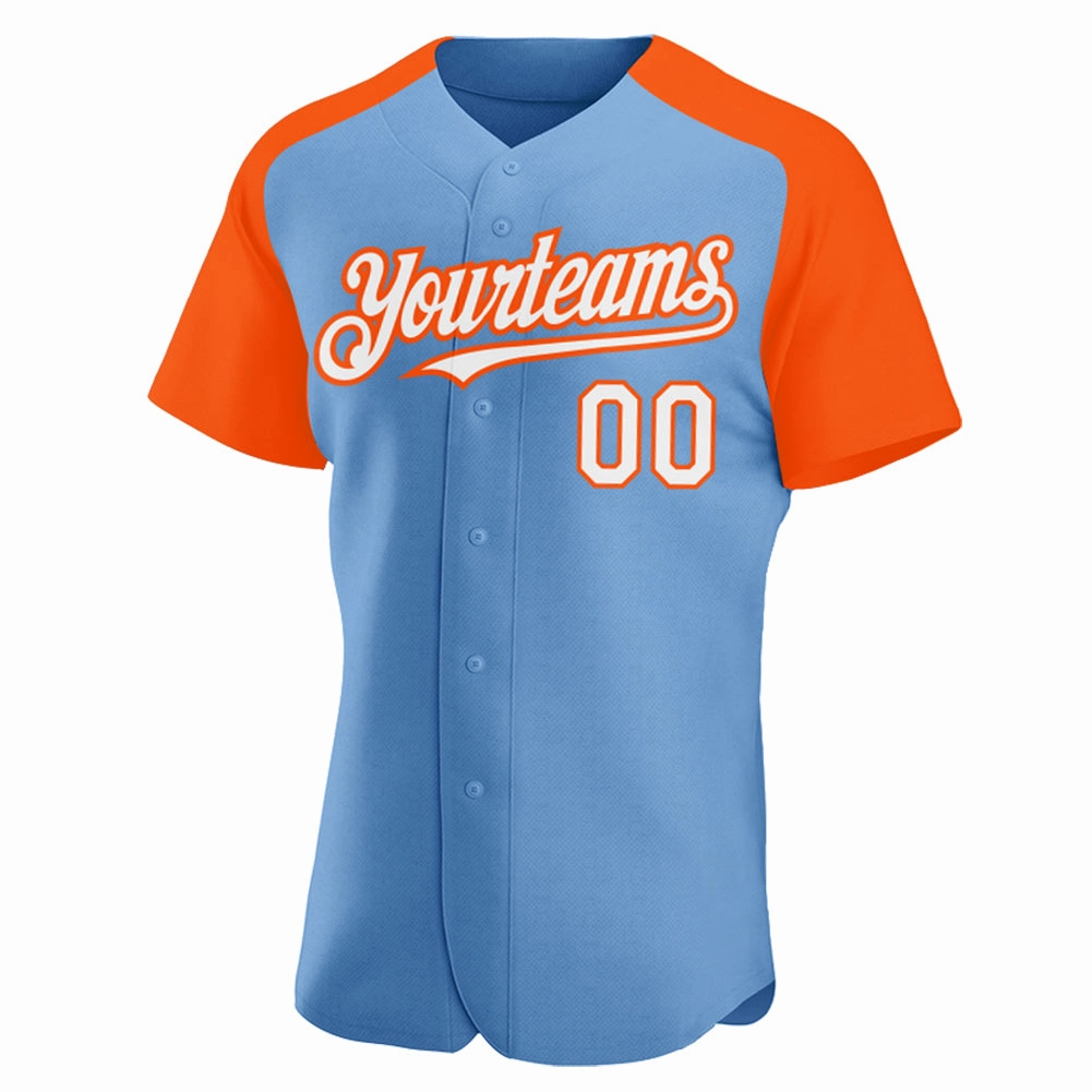 Custom Light Blue White-Orange Authentic Raglan Sleeves Baseball Jersey