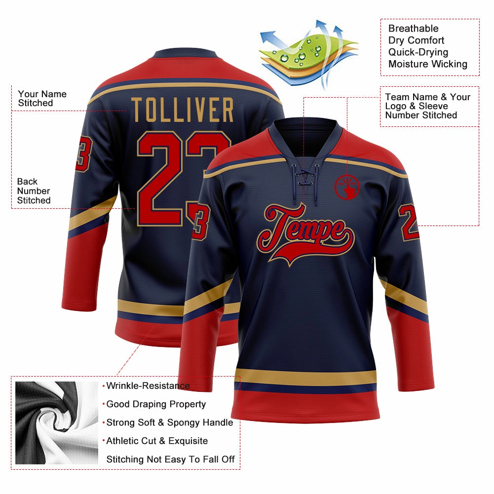 Custom Navy Red-Old Gold Hockey Lace Neck Jersey