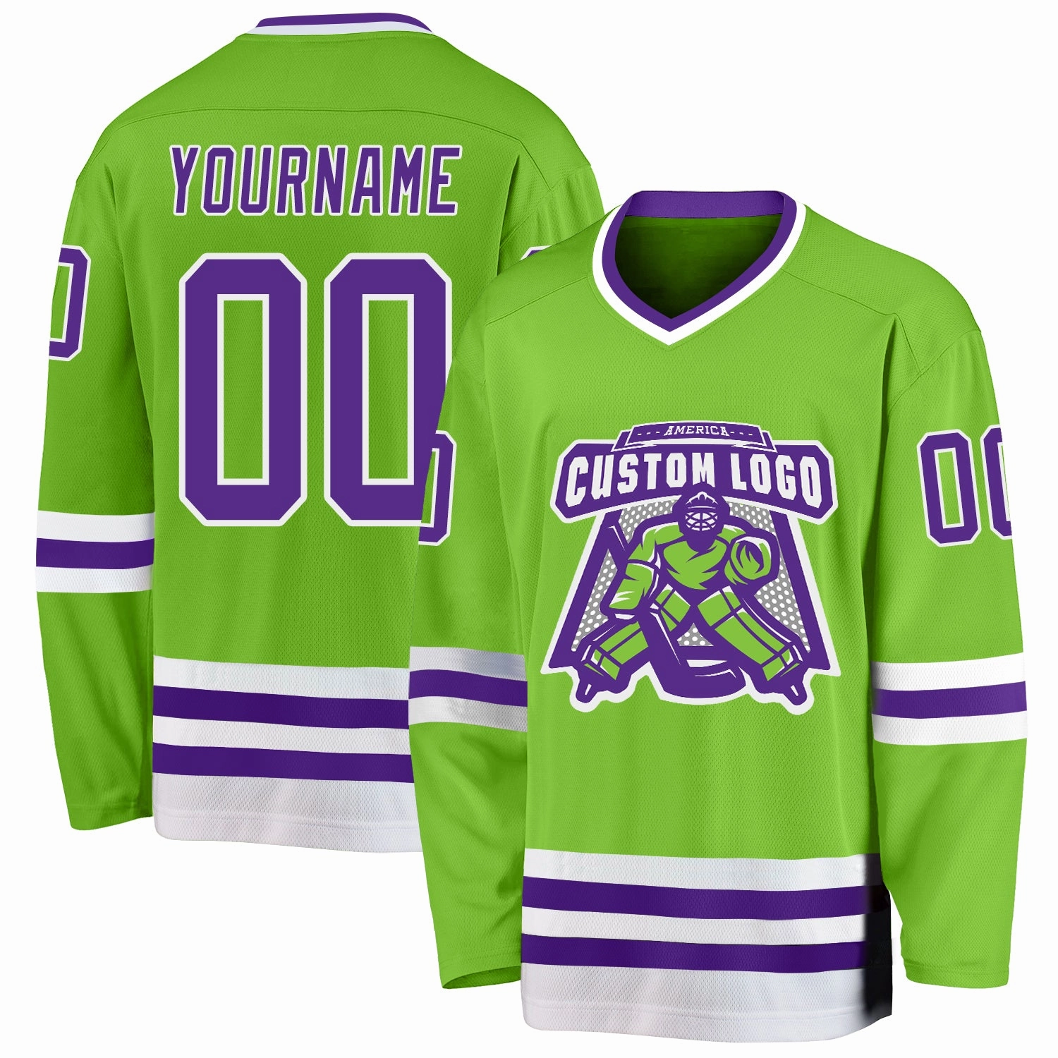 Custom Neon Green Purple-White Hockey Jersey