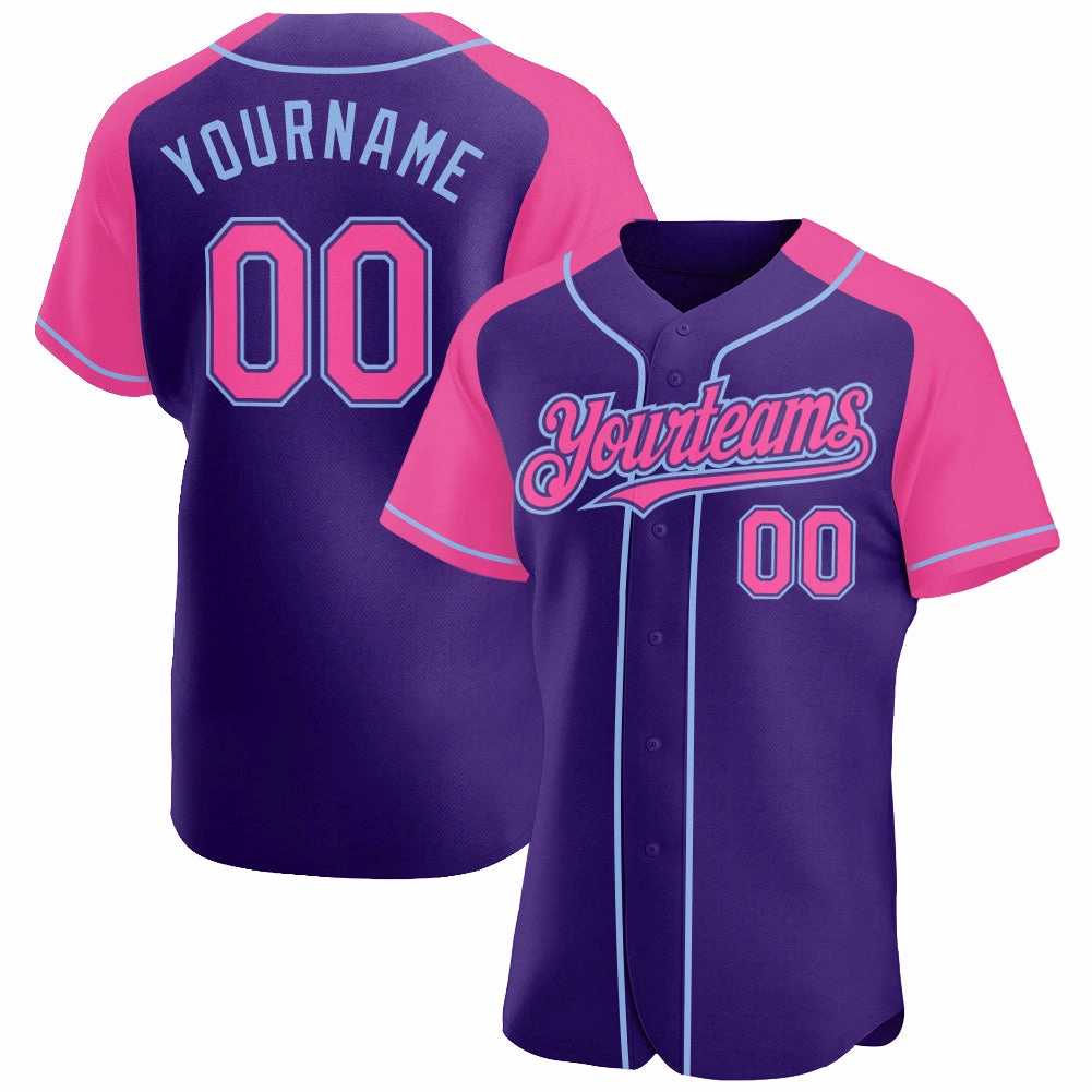 Custom Purple Pink-Light Blue Authentic Raglan Sleeves Baseball Jersey