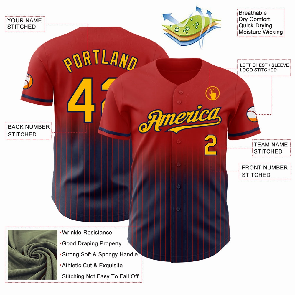 Custom Red Pinstripe Gold-Navy Authentic Fade Fashion Baseball Jersey