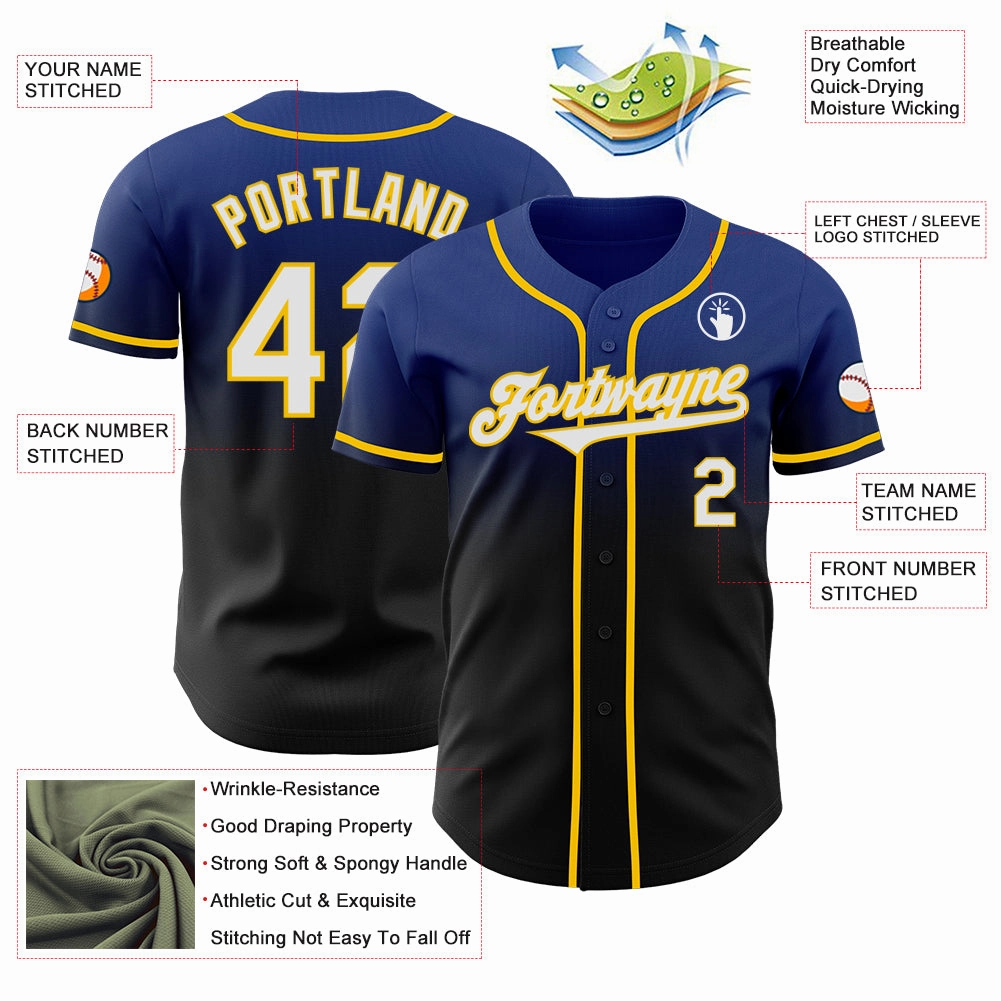 Custom Royal Black-Yellow Authentic Fade Fashion Baseball Jersey