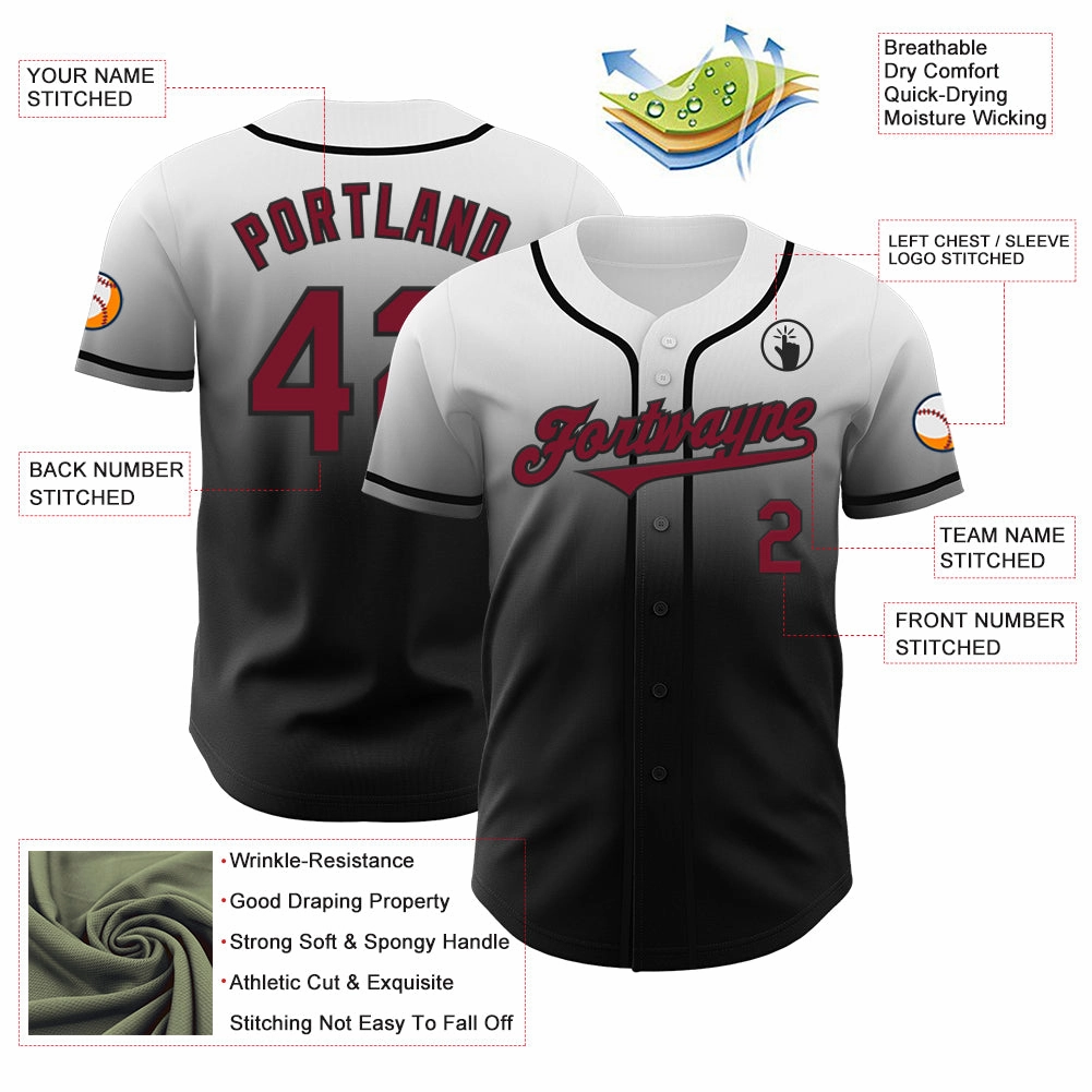 Custom White Crimson-Black Authentic Fade Fashion Baseball Jersey