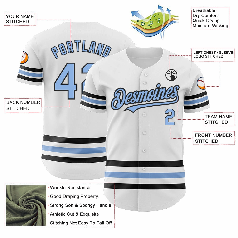 Custom White Light Blue-Black Line Authentic Baseball Jersey