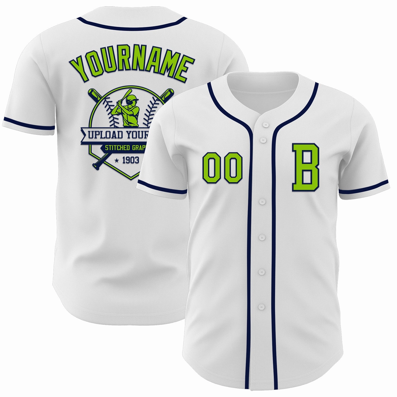 Custom White Neon Green-Navy Authentic Baseball Jersey