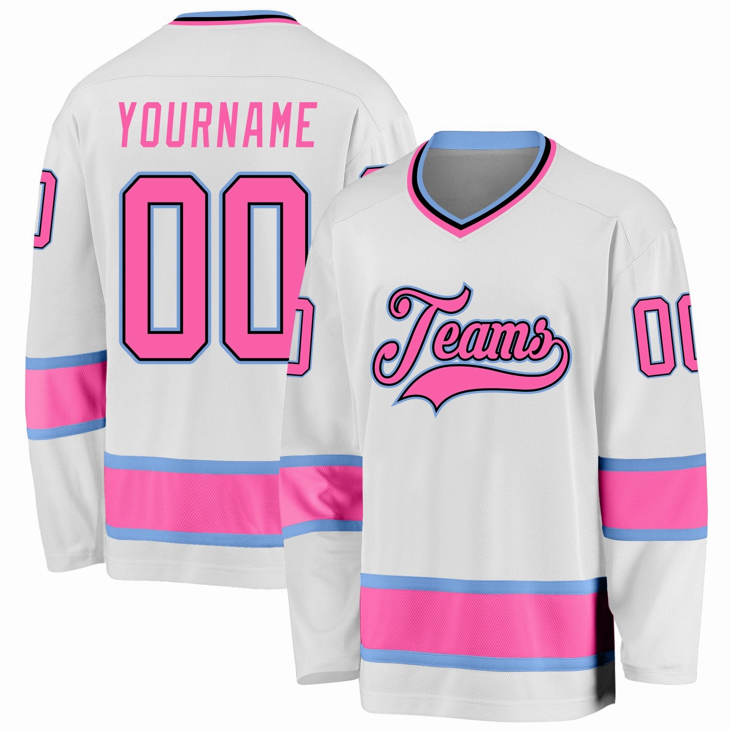 Custom White Pink-Light Blue Hockey Jersey
