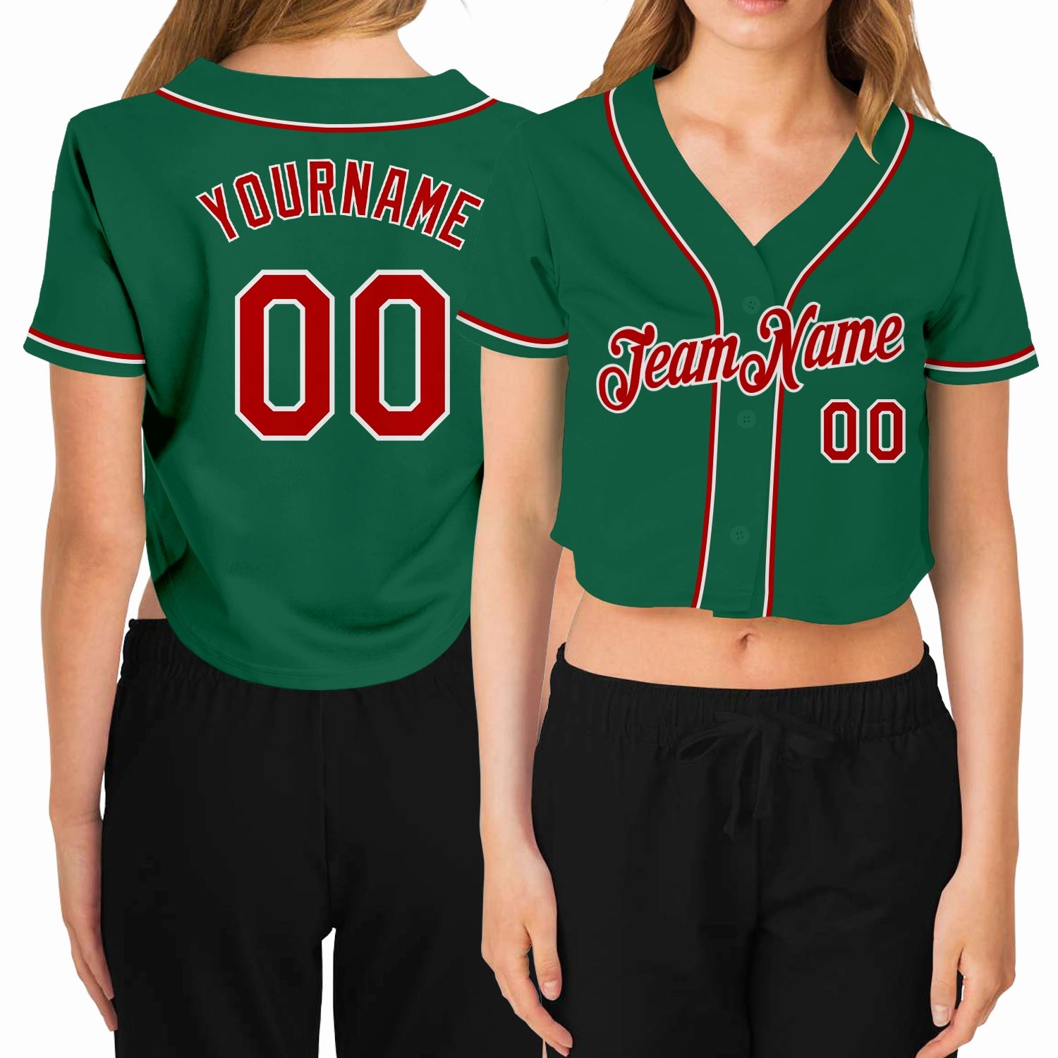Custom Women's Kelly Green Red-White V-Neck Cropped Baseball Jersey