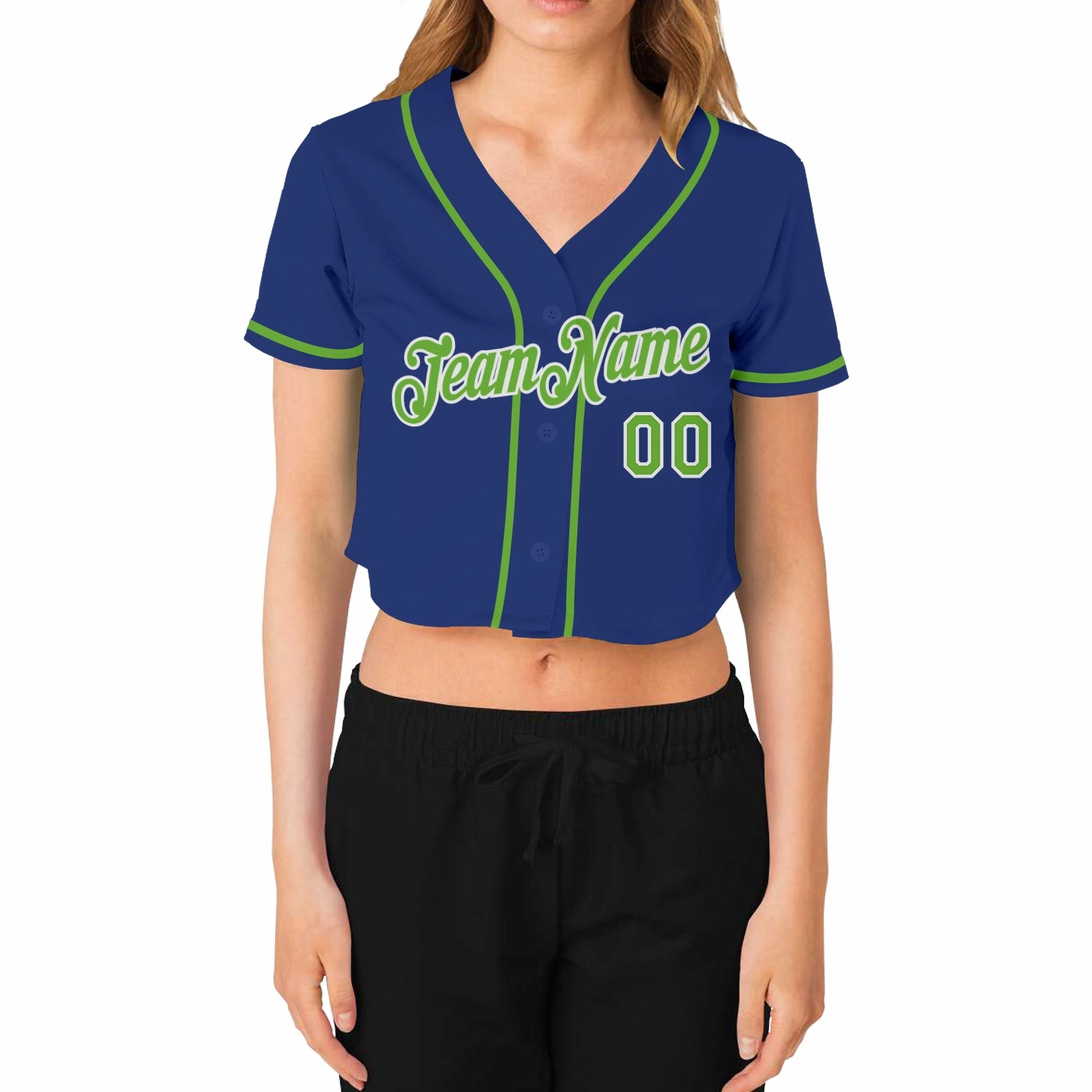 Custom Women's Royal Neon Green-White V-Neck Cropped Baseball Jersey