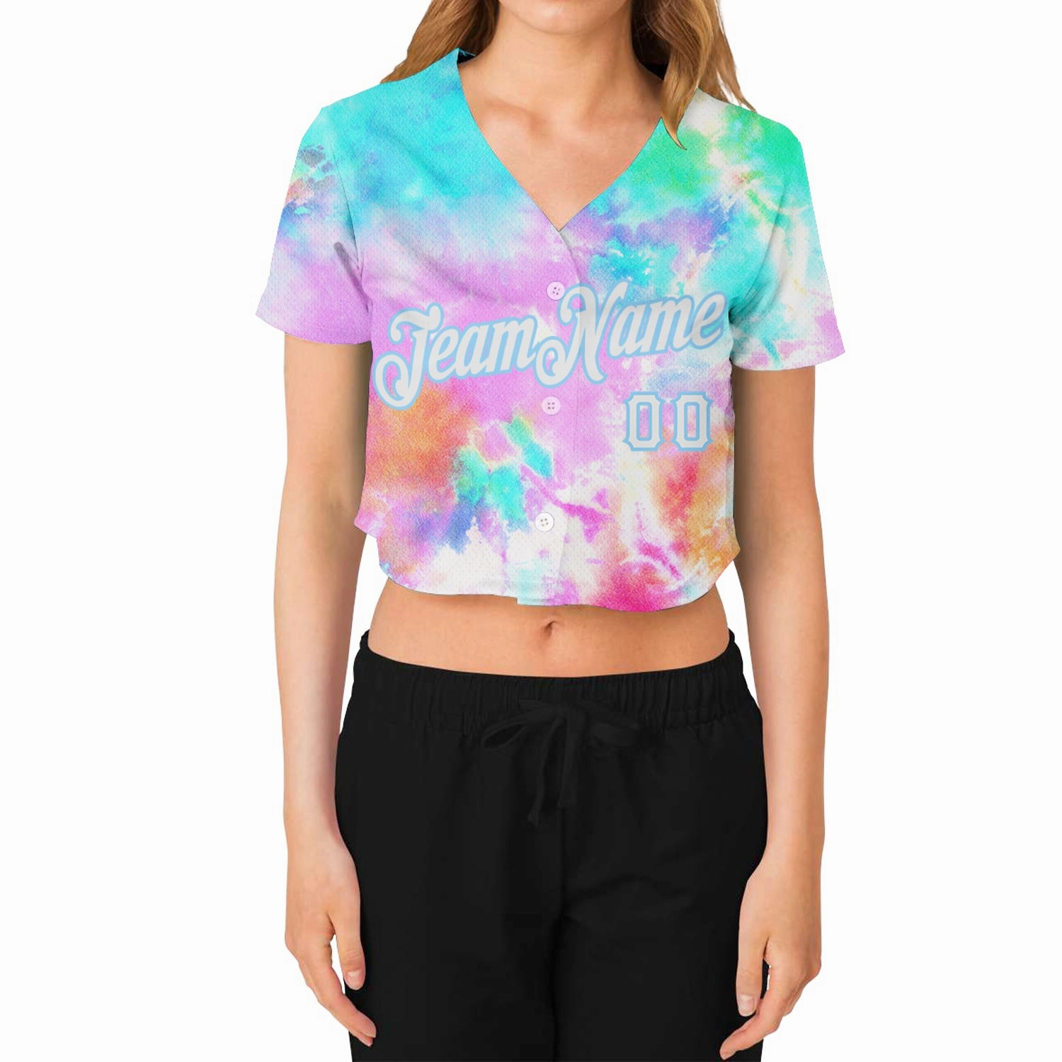 Custom Women's Tie Dye White-Light Blue Rainbow 3D V-Neck Cropped Baseball Jersey