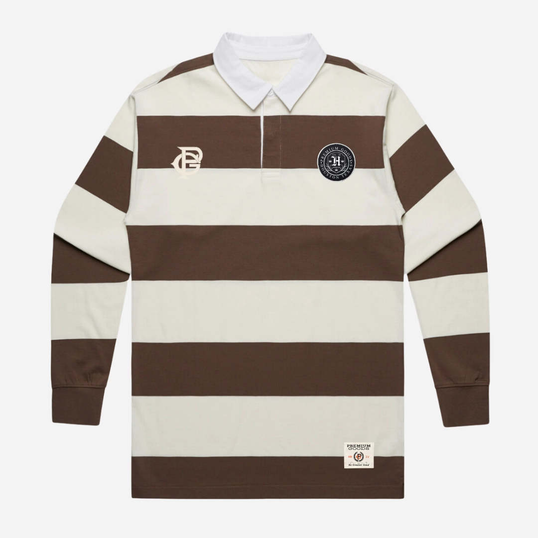 mens premiumgoods. stripe rugby shirt monogram (walnut/cream)