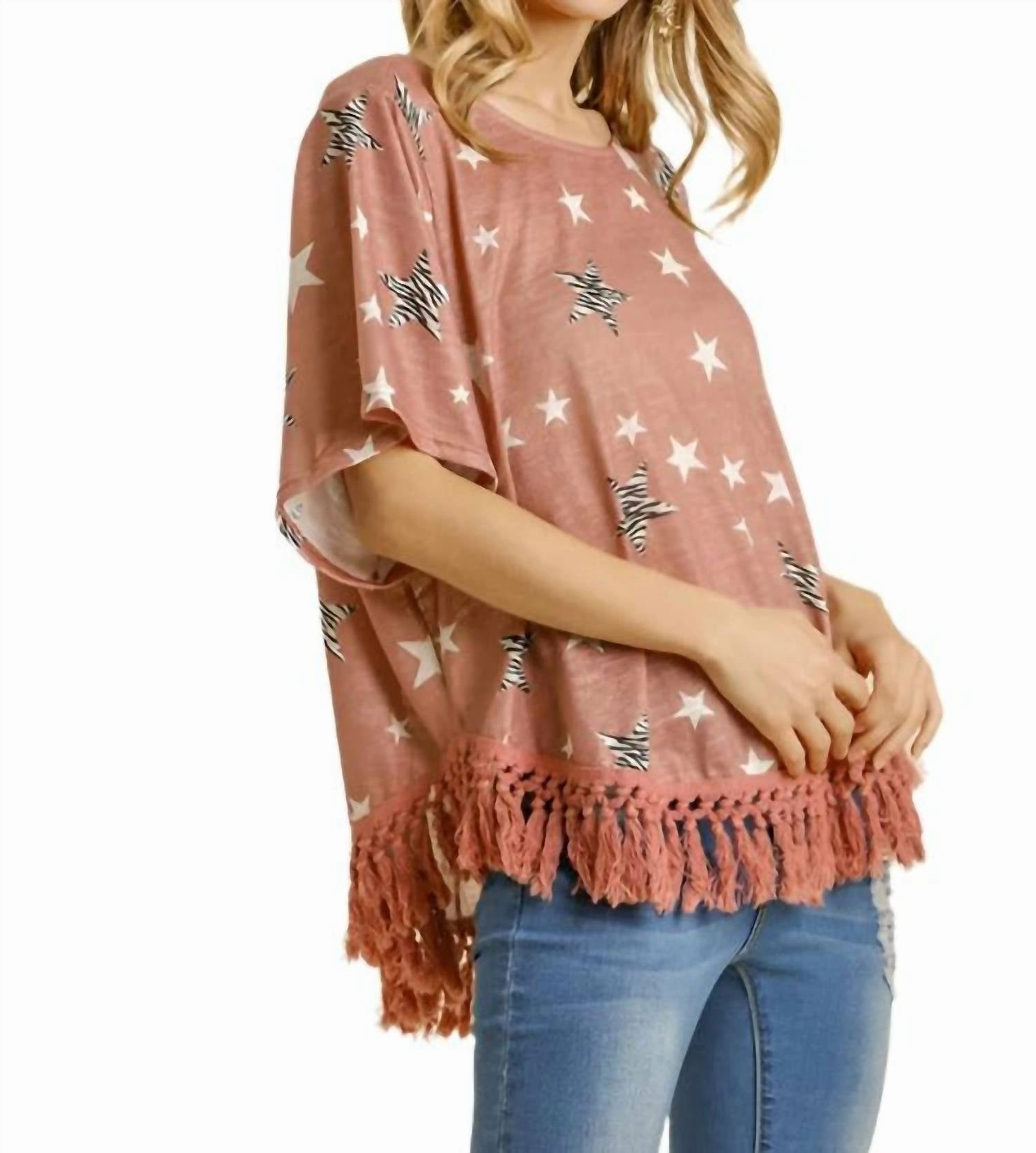 Star Print Tassel Top In Mauve