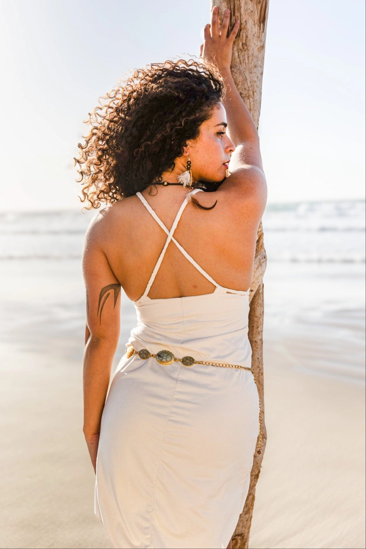 Wholesale - Suede Light Beige Braided Dress, Boho Dress, Cross Back Dress